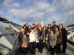 Students on Millennium Bridge with St. Paul's Cathedral in background.