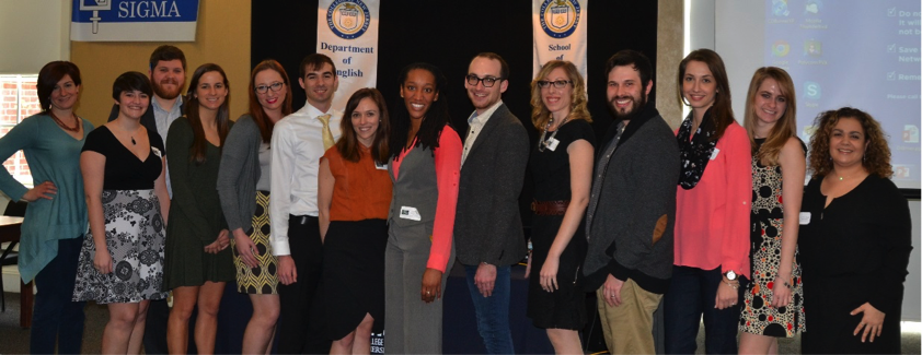 Student and Alumni Participants (from left): Melanie Frances (alumna ’15), Ashley Vogt (alumna ‘13), Corey Drake (alumnus ‘13), Allison Greer (current MA student), Cara (MacNeil) Donoghue (current MA student), Alexander Maresco (current MA student), Shaun Byron Fitzpatrick (alumna ’14), Lindsay D. Rogers (current MA student), Matt Fuhrmeister (current MA student), Lauren Makrancy (alumna ‘14), Ryan Gerber (current MA student), Erika Shultes (alumna ’14), Sara Ashley Stammer (current MA student), and English Graduate Program Coordinator Dr. Lisa Ortiz-Vilarelle (not pictured: Nicole Dittmer (current MA student), Robyn Gold (current MA student), Angela Hontau (current MA student))