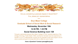 Are you considering a graduate degree in Social Work? If so, please join representatives from Bryn Mawr College Graduate School of Social Work & Social Research. Wednesday, November 19th. 12:30PM - 1:30 PM. Social Sciences Building Room 128. Through a partnership between Bryn Mawr College & TCNJ, students majoring in Psychology, Sociology, Public Health, WGS, and Bonner Scholars have the opportunity to transfer in up to 3 undergraduate courses into the graduate social work program and receive a social work grant of at least $40,000 to offset the cost of tuition. 